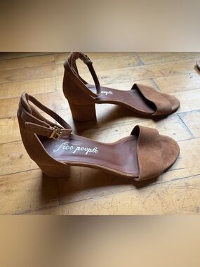 Free People Suede Ankle-Strap Block Heels - Tan